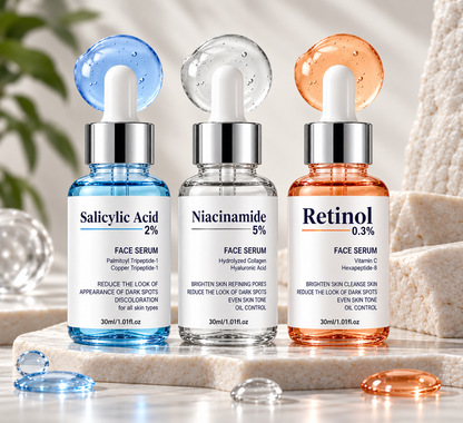 CosmaPharm Skin Renewal Serum Set, 30 ml: Salicylic Acid 2%, Niacinamide 5% and Retinol 0.3% face serums