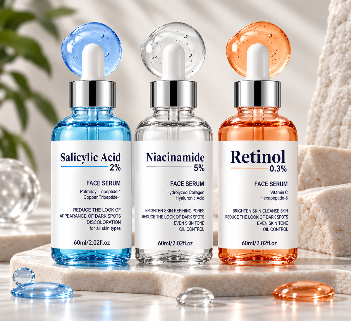 CosmaPharm Skin Renewal Serum Set, 60 ml: Salicylic Acid 2%, Niacinamide 5% and Retinol 0.3% face serums