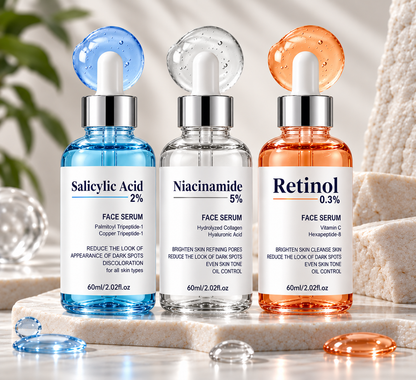 CosmaPharm Skin Renewal Serum Set, 60 ml: Salicylic Acid 2%, Niacinamide 5% and Retinol 0.3% face serums