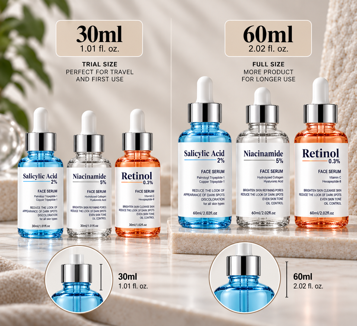 Size comparison of the 30 ml and 60 ml CosmaPharm face serum sets