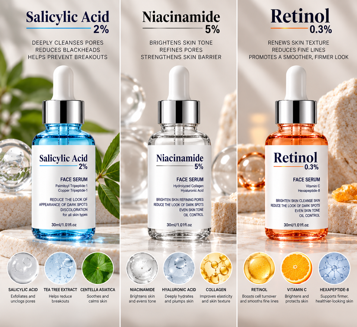 Key ingredients of the Salicylic Acid 2%, Niacinamide 5% and Retinol 0.3% face serums