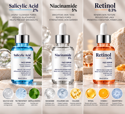 Key ingredients of the Salicylic Acid 2%, Niacinamide 5% and Retinol 0.3% face serums