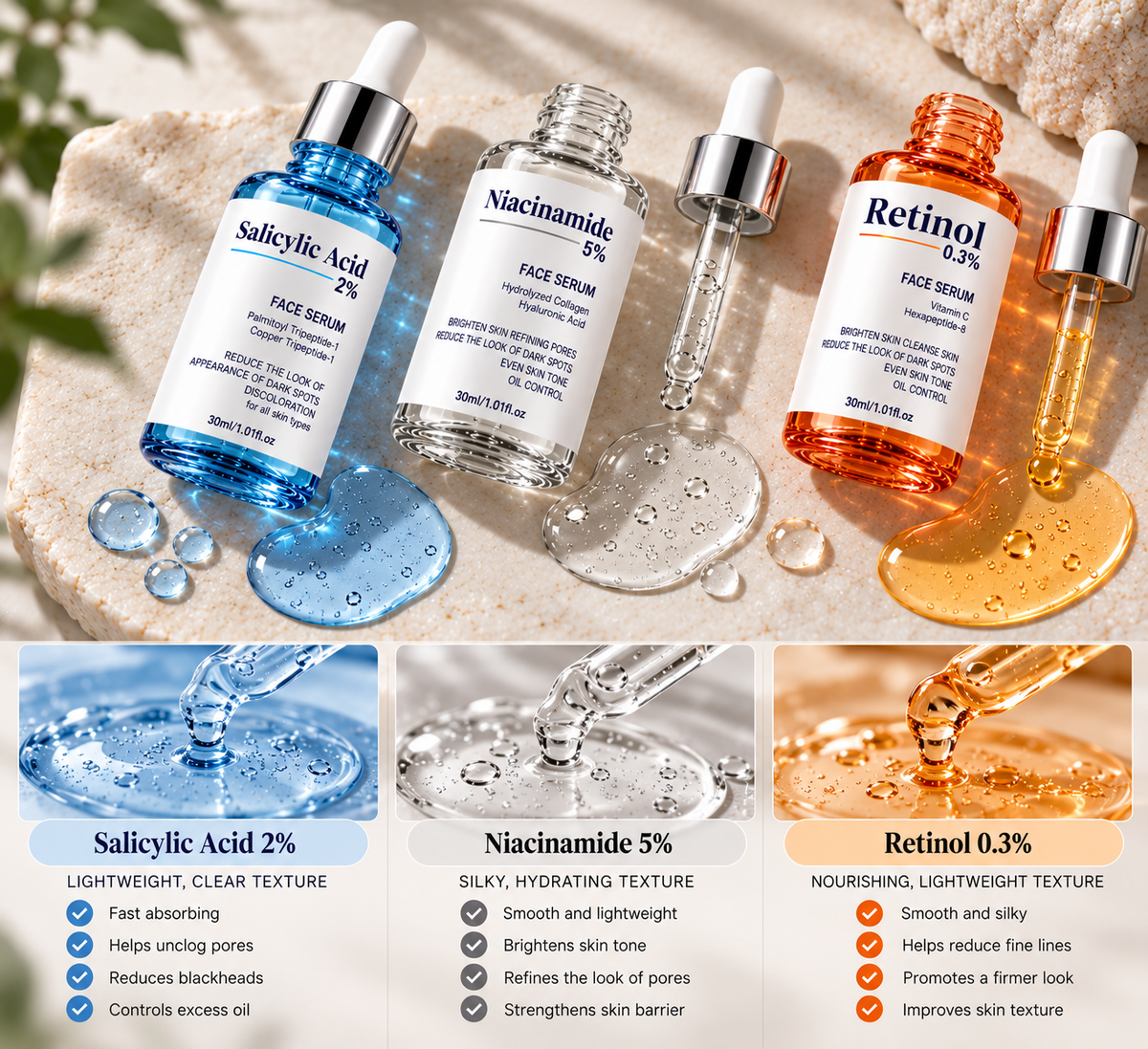 Texture of the Salicylic Acid, Niacinamide and Retinol serums with open dropper bottles