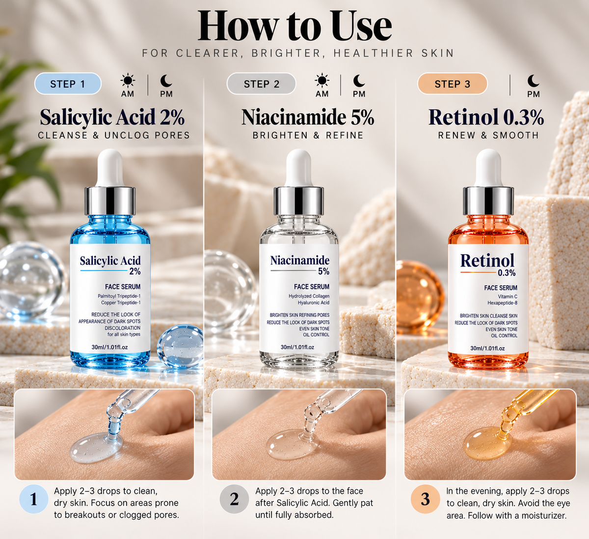 How to use the serum set in 3 steps: Salicylic Acid 2%, then Niacinamide 5%, then Retinol 0.3%