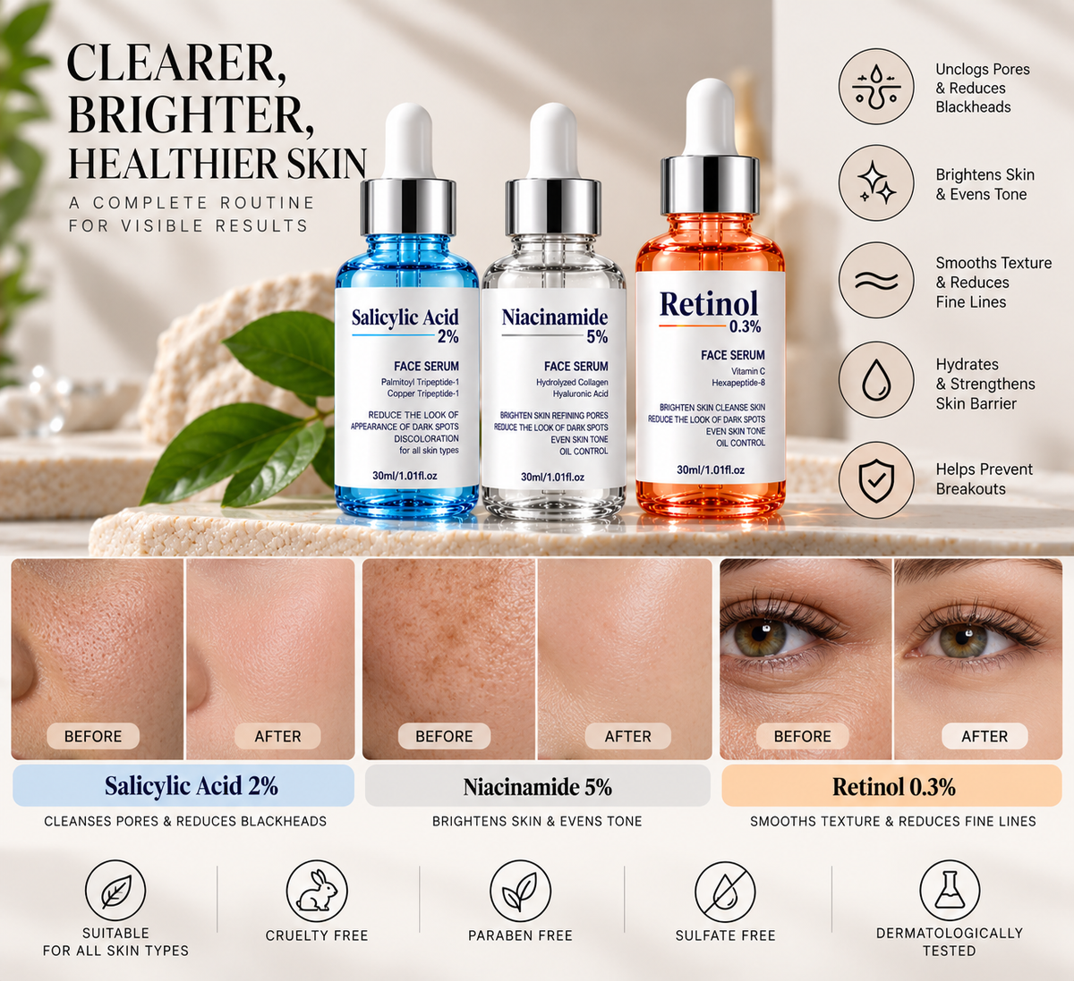 Benefits of the CosmaPharm serum set with before and after skin comparison