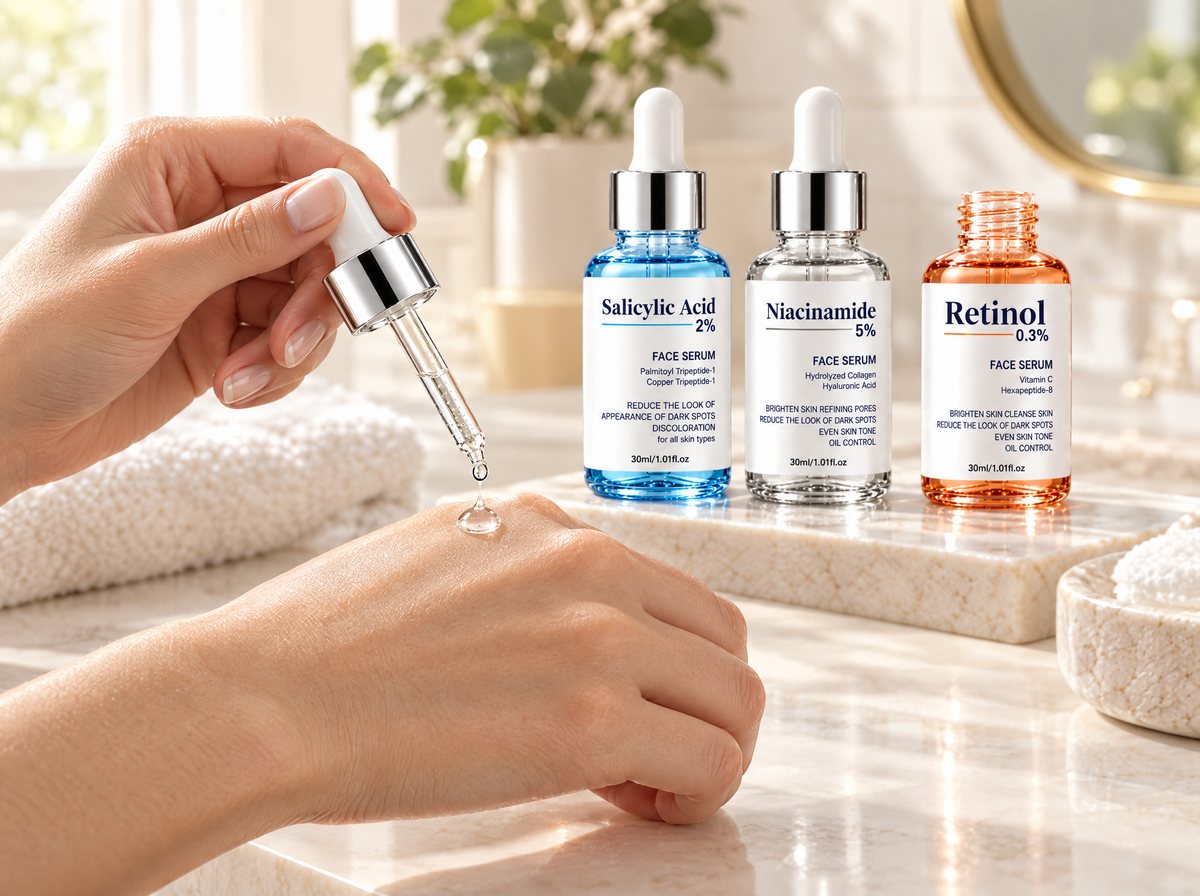 A drop of serum applied from a dropper, with the three CosmaPharm serums behind