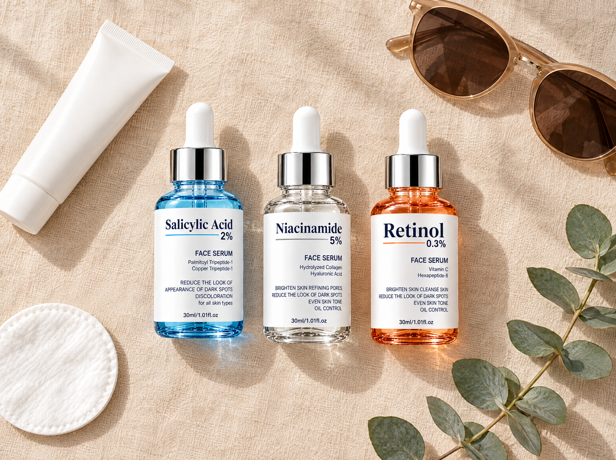 The three CosmaPharm serums with sunscreen and sunglasses