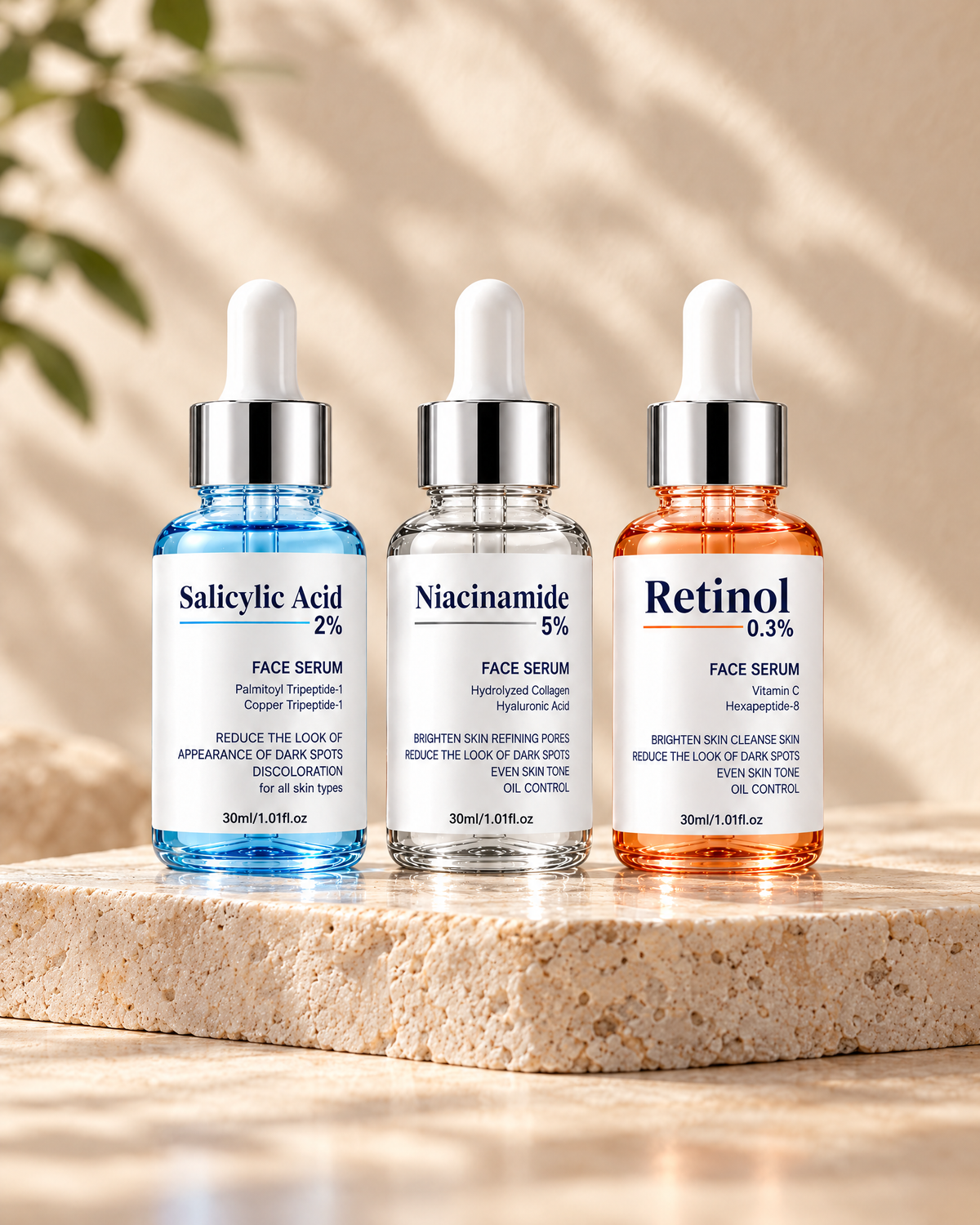 CosmaPharm Skin Renewal Serum Set on a travertine stone slab