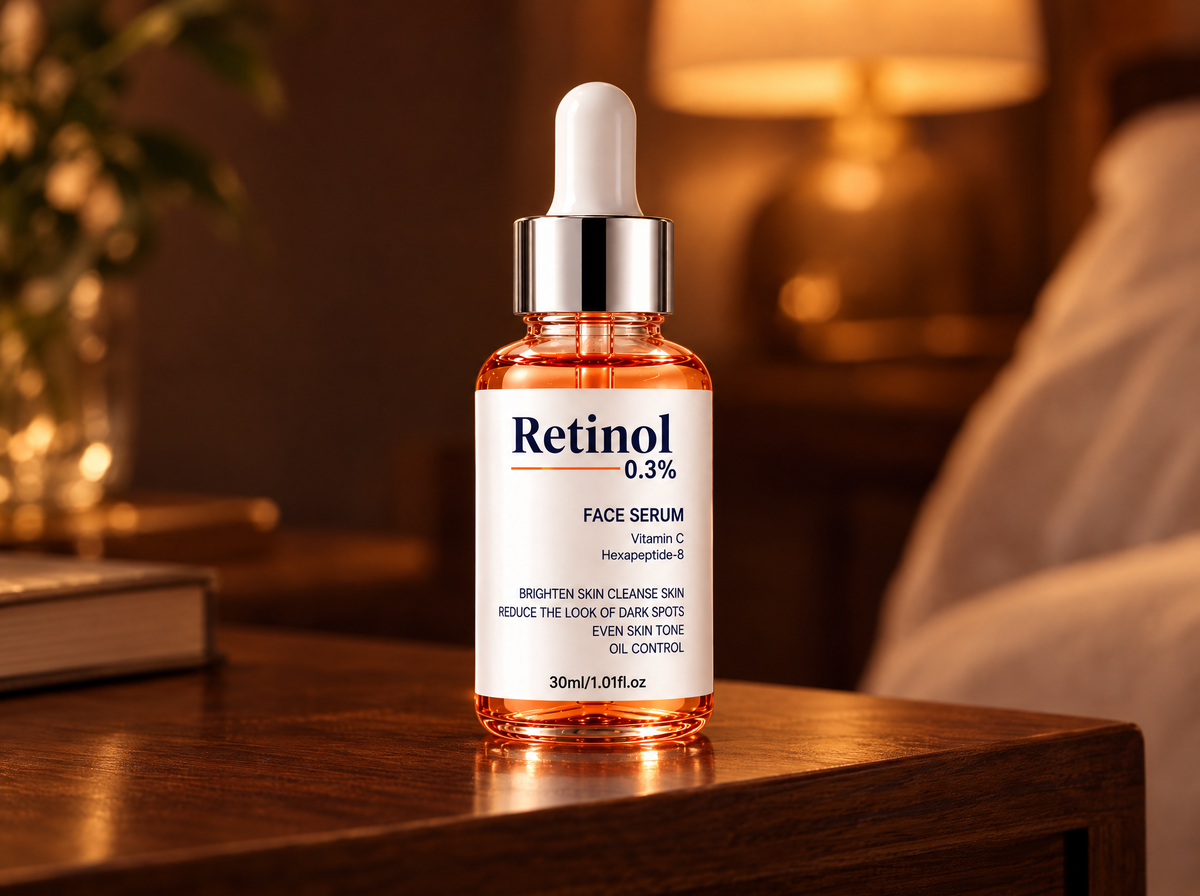 CosmaPharm Retinol 0.3% face serum on a bedside table in the evening
