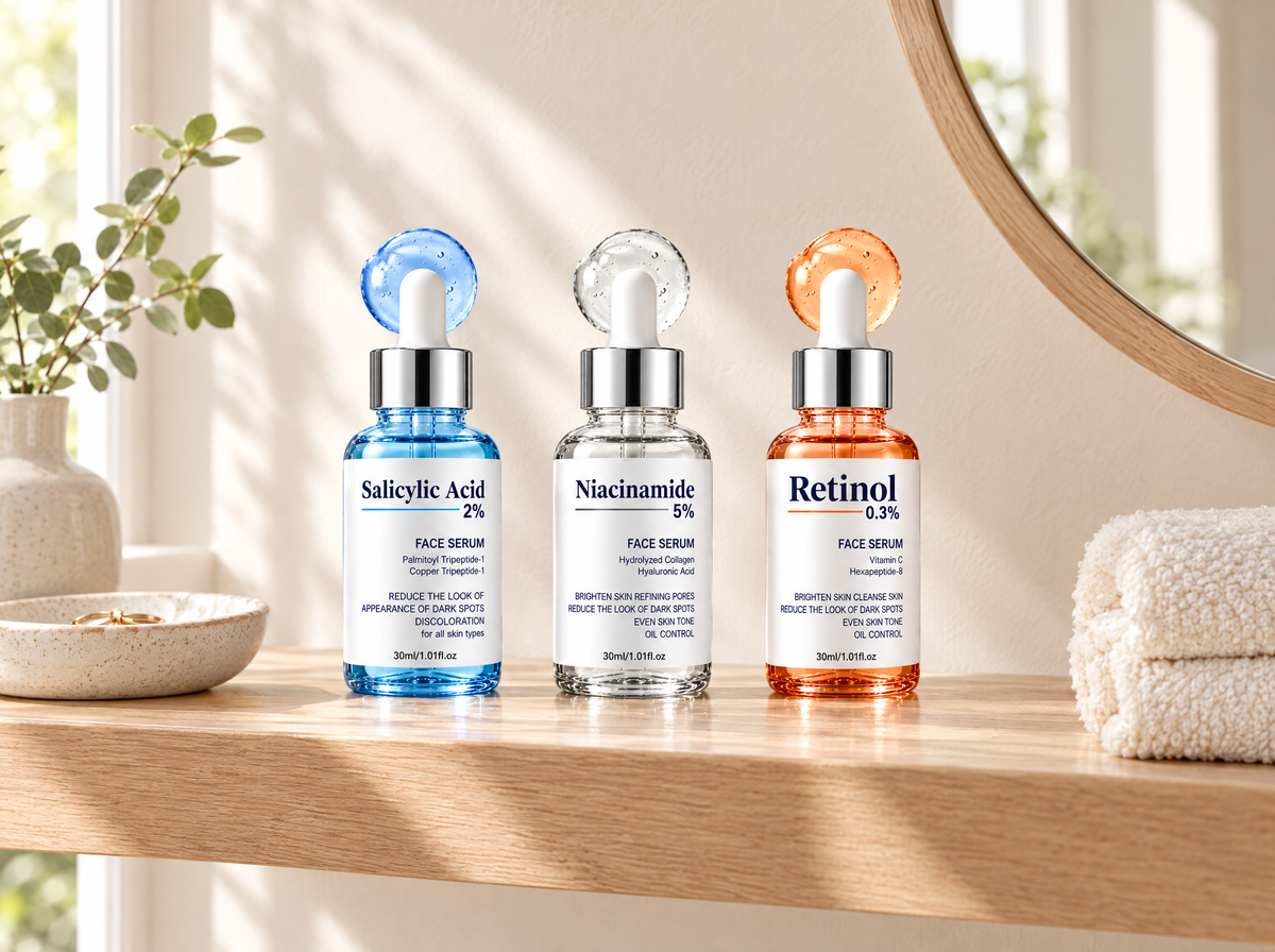 The three CosmaPharm serums on a bathroom shelf