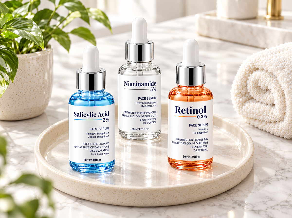 The three CosmaPharm serums on a ceramic tray