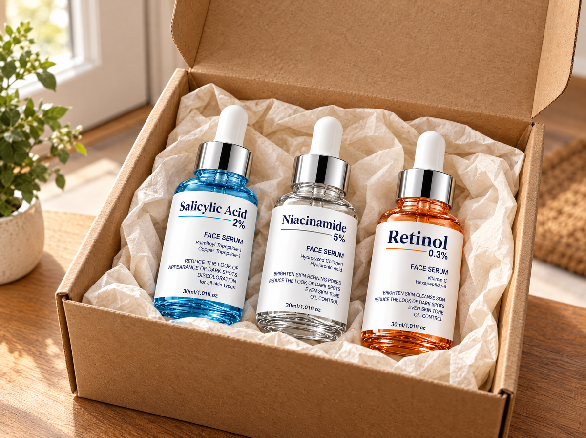 The three CosmaPharm serums in a shipping box